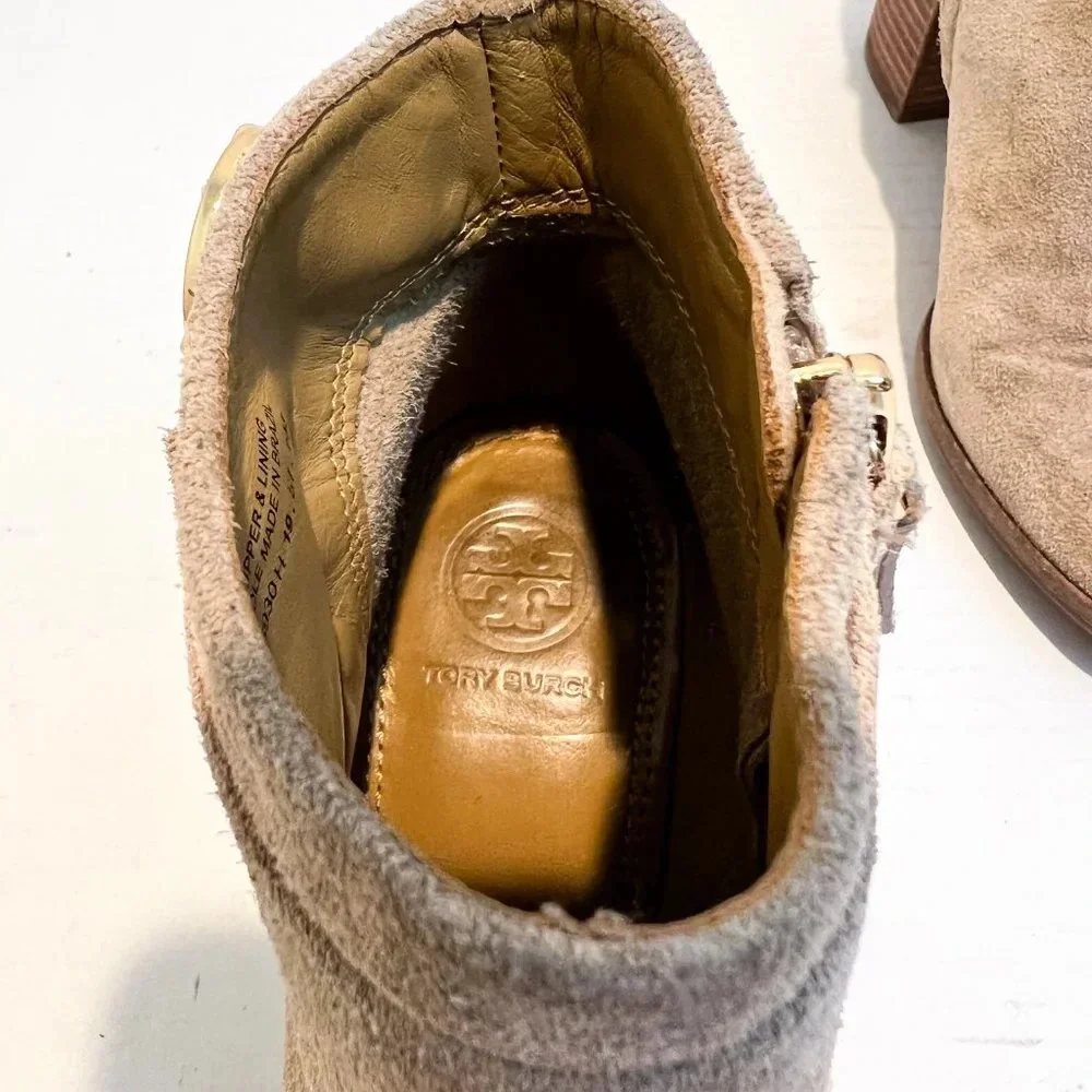 Tory Burch Sophia Tan Suede Block Heel Designer Bohemian Logo Booties 6 WORN